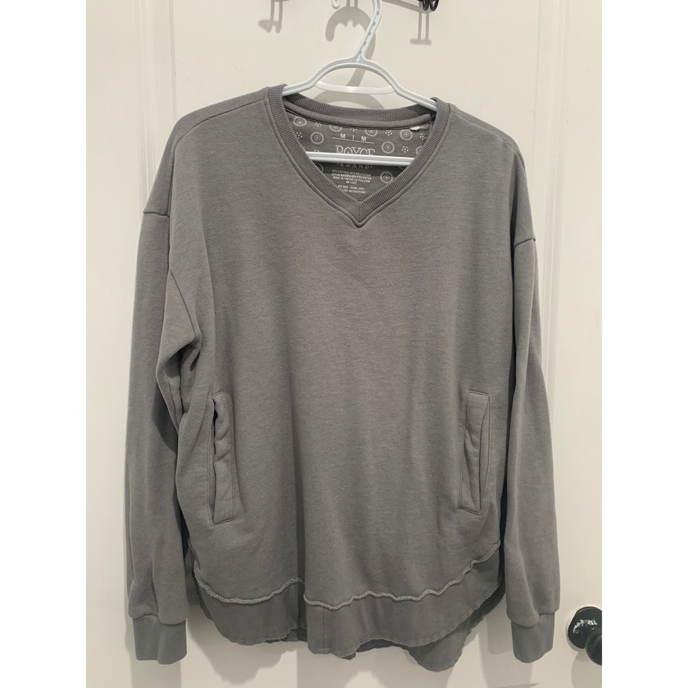 Royce Brand Gray V-Neck Sweatshirt Pockets Raw Double Hem Pullover Medium